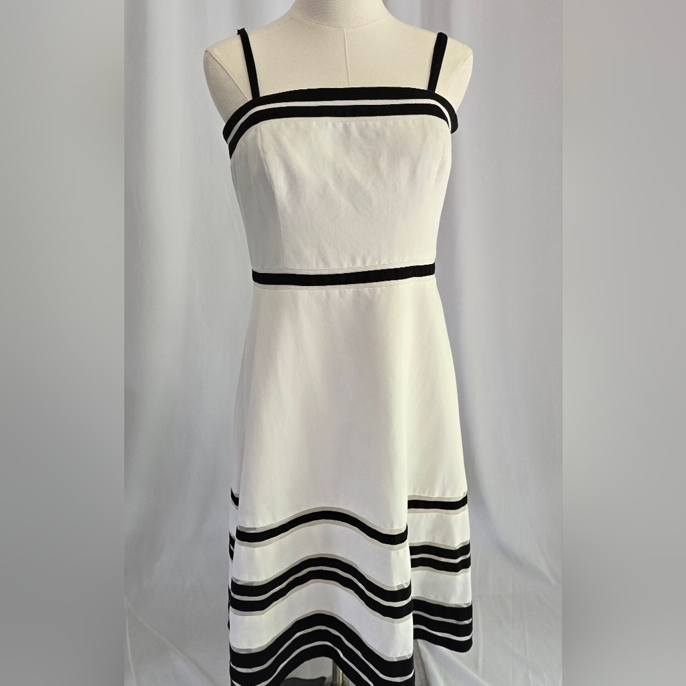 Ann Taylor Silk-Blend Strapless Fit & Flare White Dress Black Stripes Sz. 8